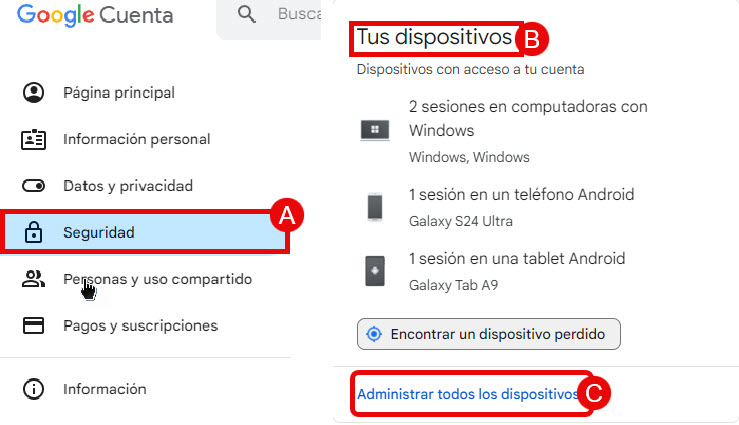 Dispositivos en cuentas de google