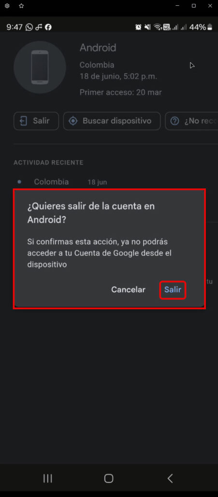 Opción salir para cerrar sesion de google